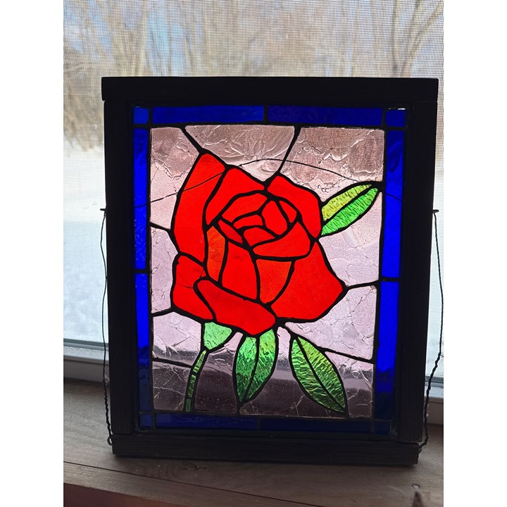 Vintage Stained Glass Red Rose Panel With Wooden Frame Wire Handing