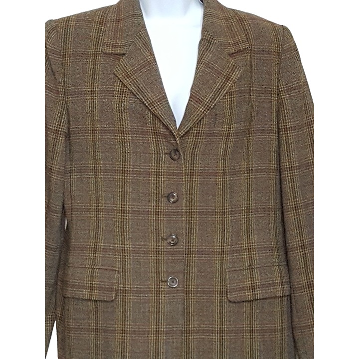 Vintage 90s Womens 100% Wool Blazer Fully Lined Brown Plaid Tweed 4 Button
