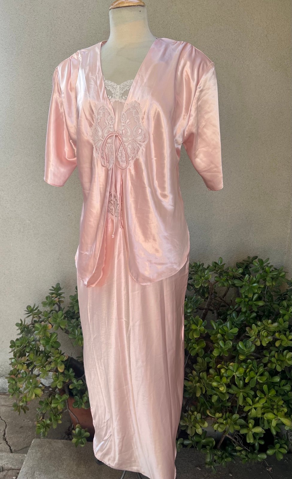 Vintage 80s pink satin lingerie set negligee long nightgown jacket M NWT