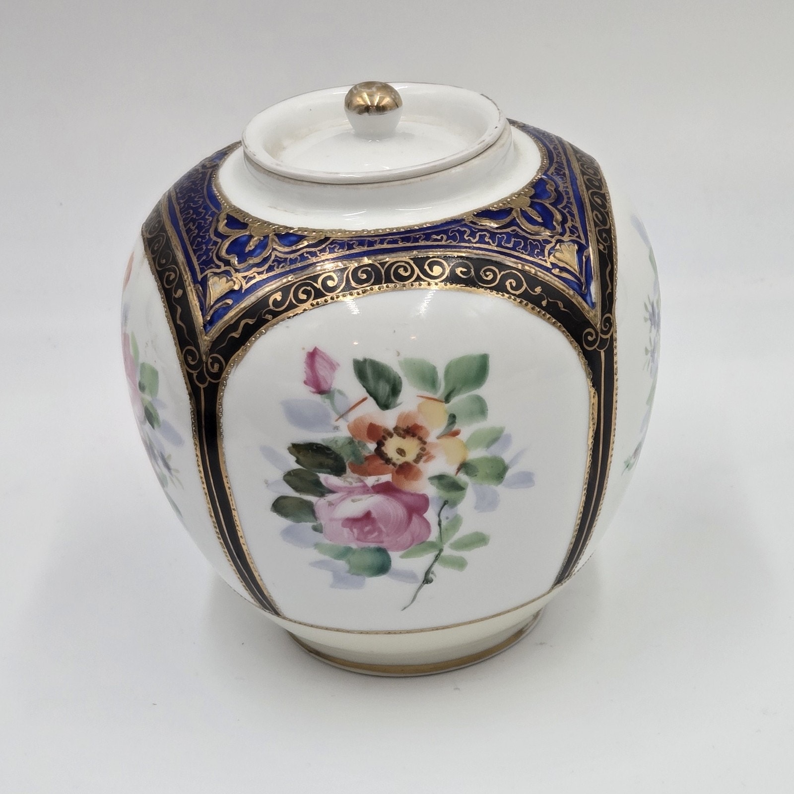 Antique Morimura Nippon 7.5 Lidded Vase Jar Cobalt Blue Floral (1910-1921)