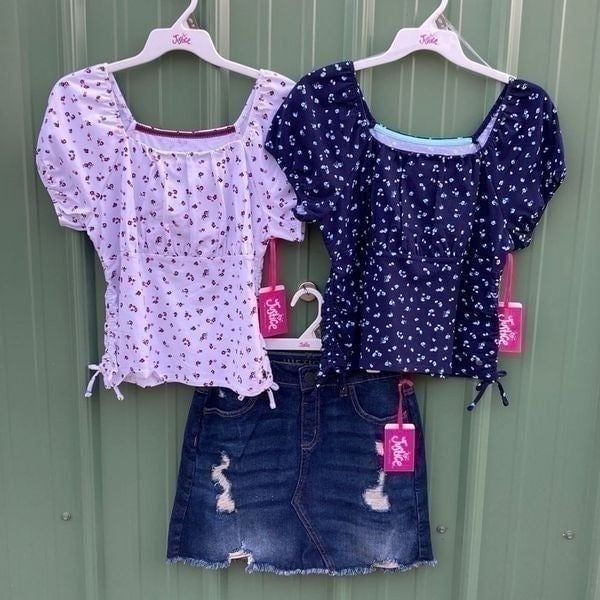 Justice Girls Puff Short Sleeve Cinched Tops & High Rise Denim Skirt 3-Piece Set