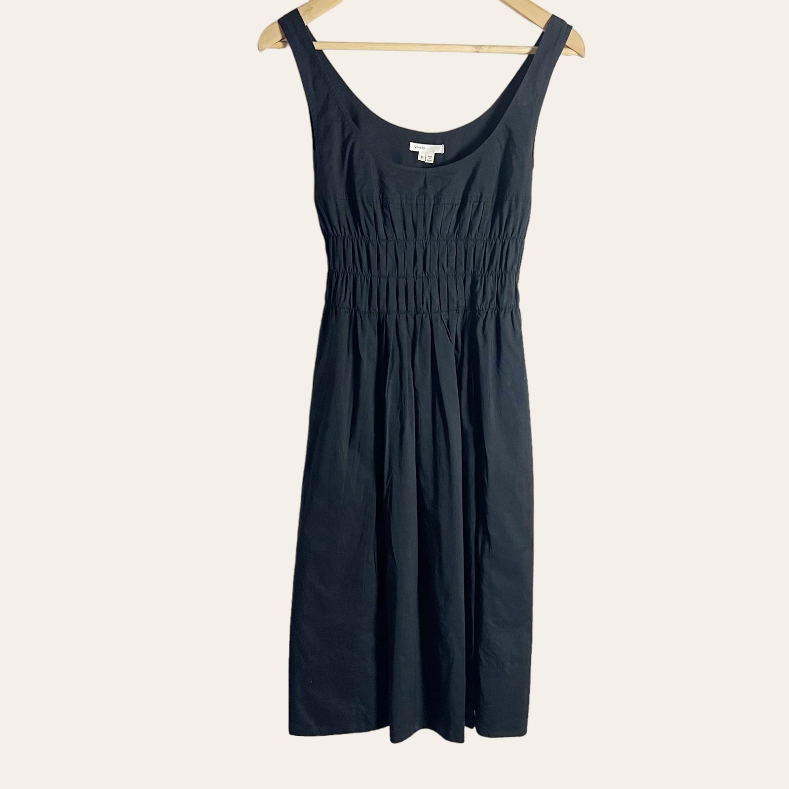 Vince Black Poplin Sleeveless Scoop Neck Smocked Waist Midi Dress Size 8
