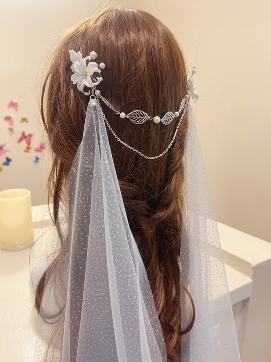 flower hair comb bridal draped veil white shimmer draped veil