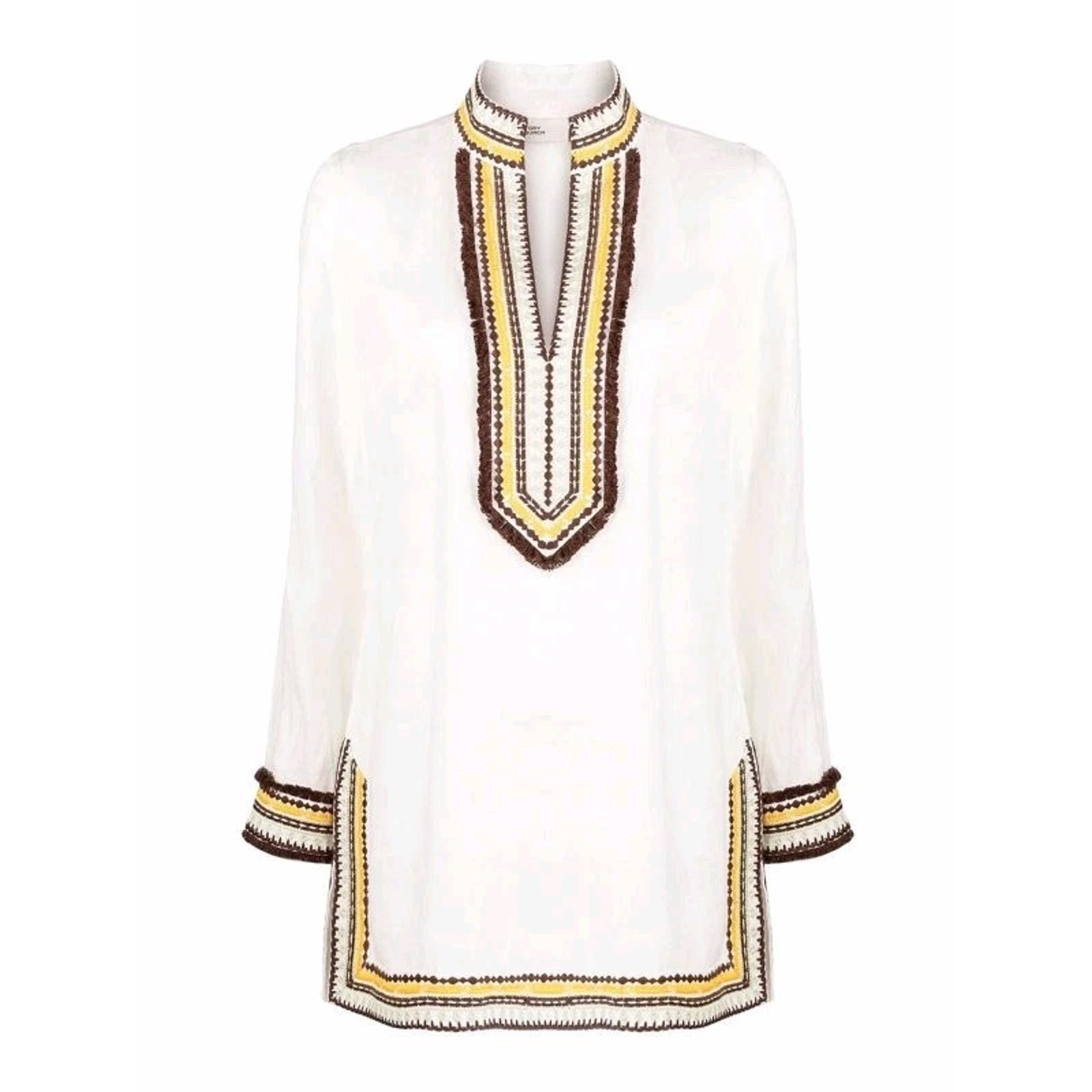 Women's Tory Burch Ivory Linen Embroidered Long Sleeve Tunic Large
