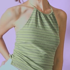 y2k tropical green halter top with white and black stripes