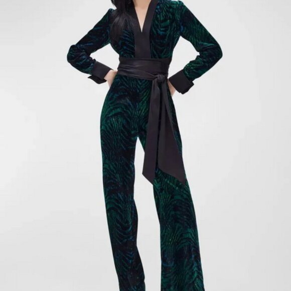 Diane Von Furstenberg DVF Vegas Tiger Print Long Sleeve Velvet Jumpsuit