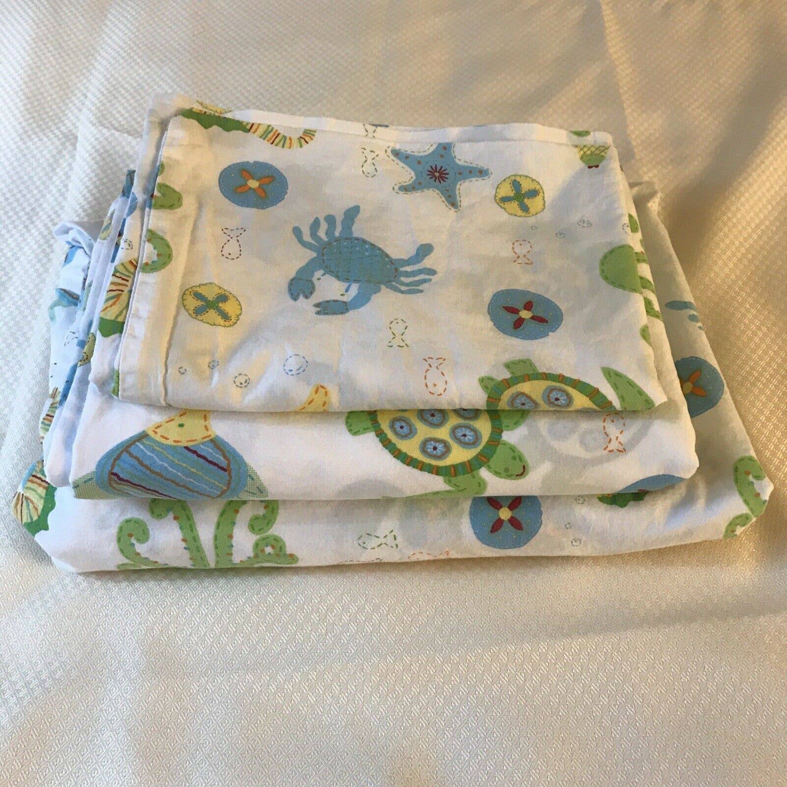 Pottery Barn Kids Ocean Critters Sheet Set Flat Fitted Pillowcase Twin Size EUC