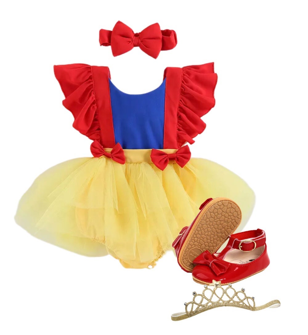4pc Baby Snow White Inspired Princess Dress, Shoes, 2 Headbands | Size 18M