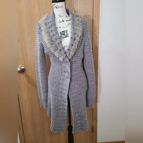 Sioni Long Studded Wool Blend Rabbit Fur Trim Cozy Knit Cardigan Sweater