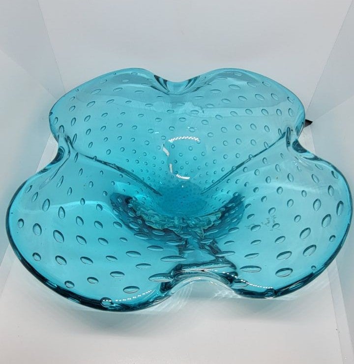 Vtg bullicante Murano Italian glass bowl candy dish ocean blue flower handblown