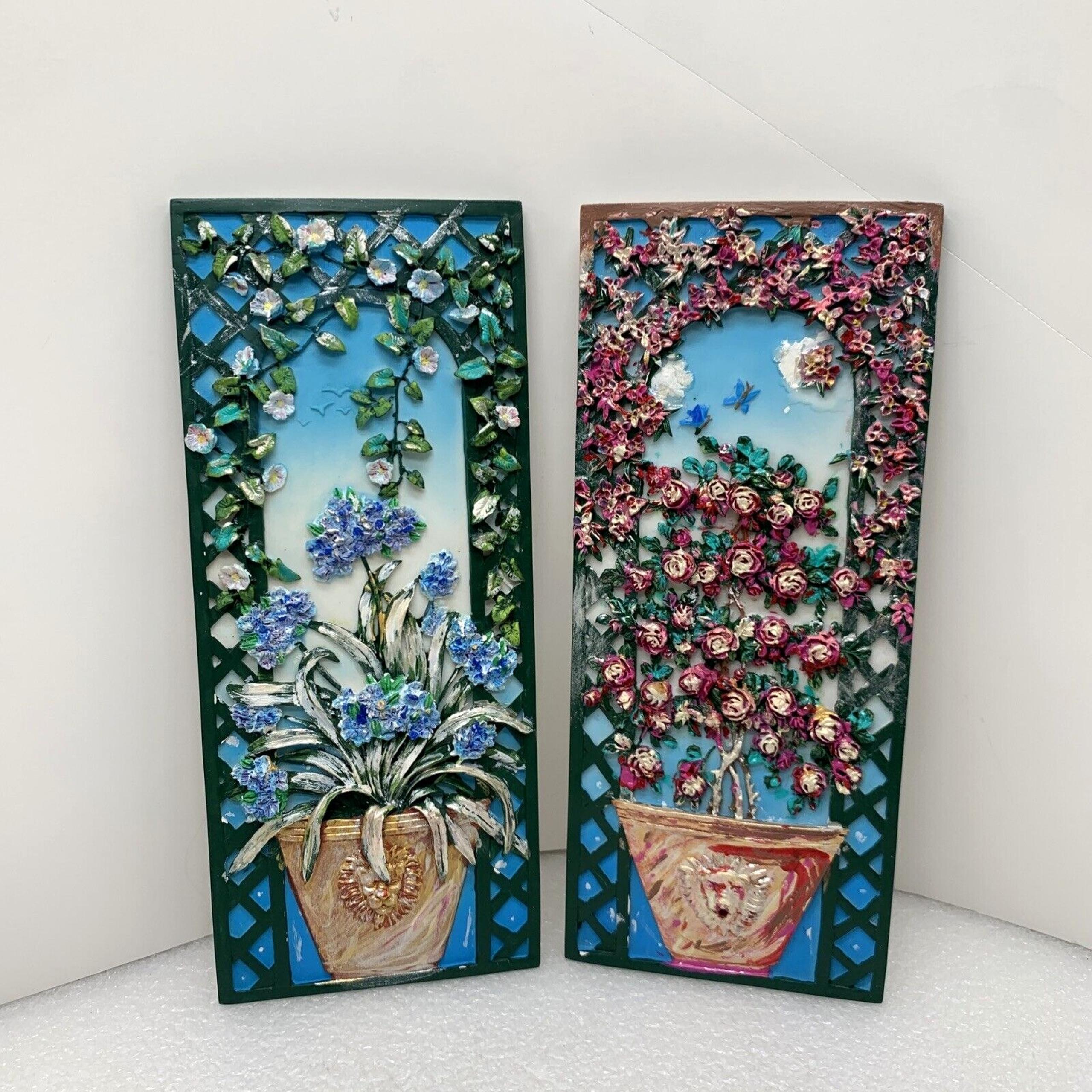 1998 LVC Blue Pink Flowers Vase 10x4 Hand-Painted Resin Wall Garden Plaque Pair