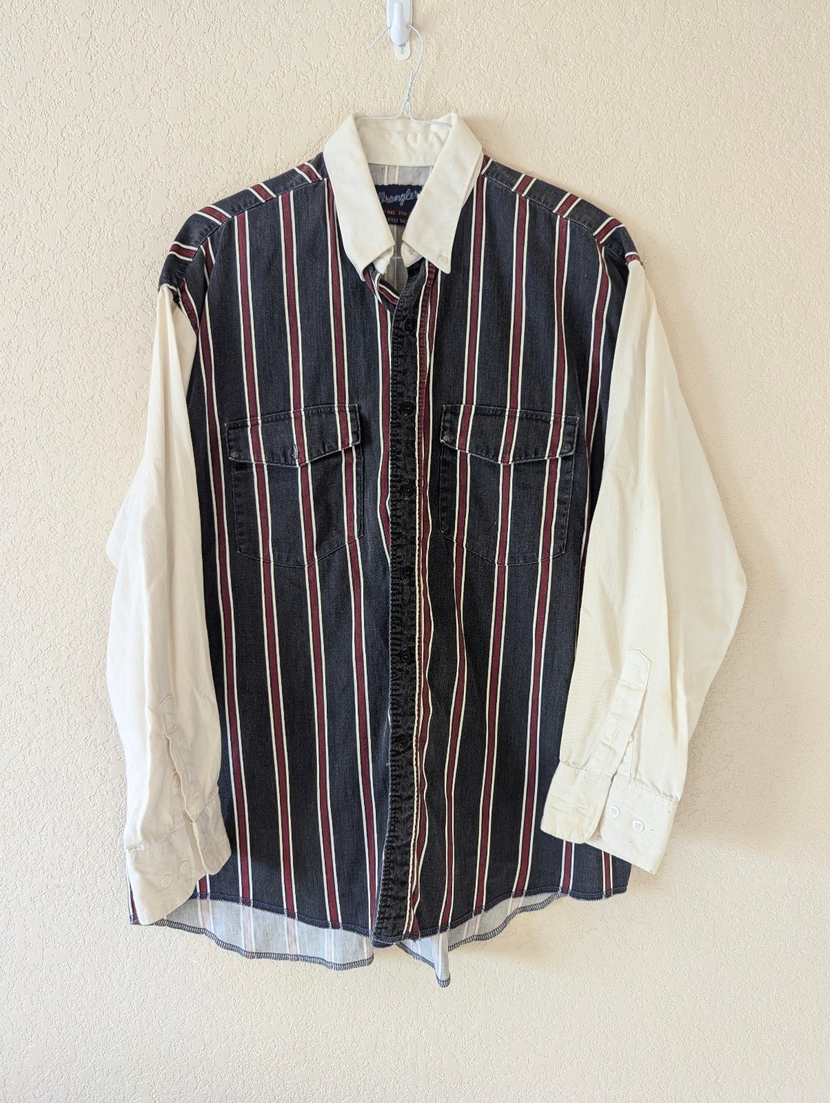 Mens Vintage Wrangler Striped X-Long Tails 17 1/2 Brush Popper Western Shirt XL