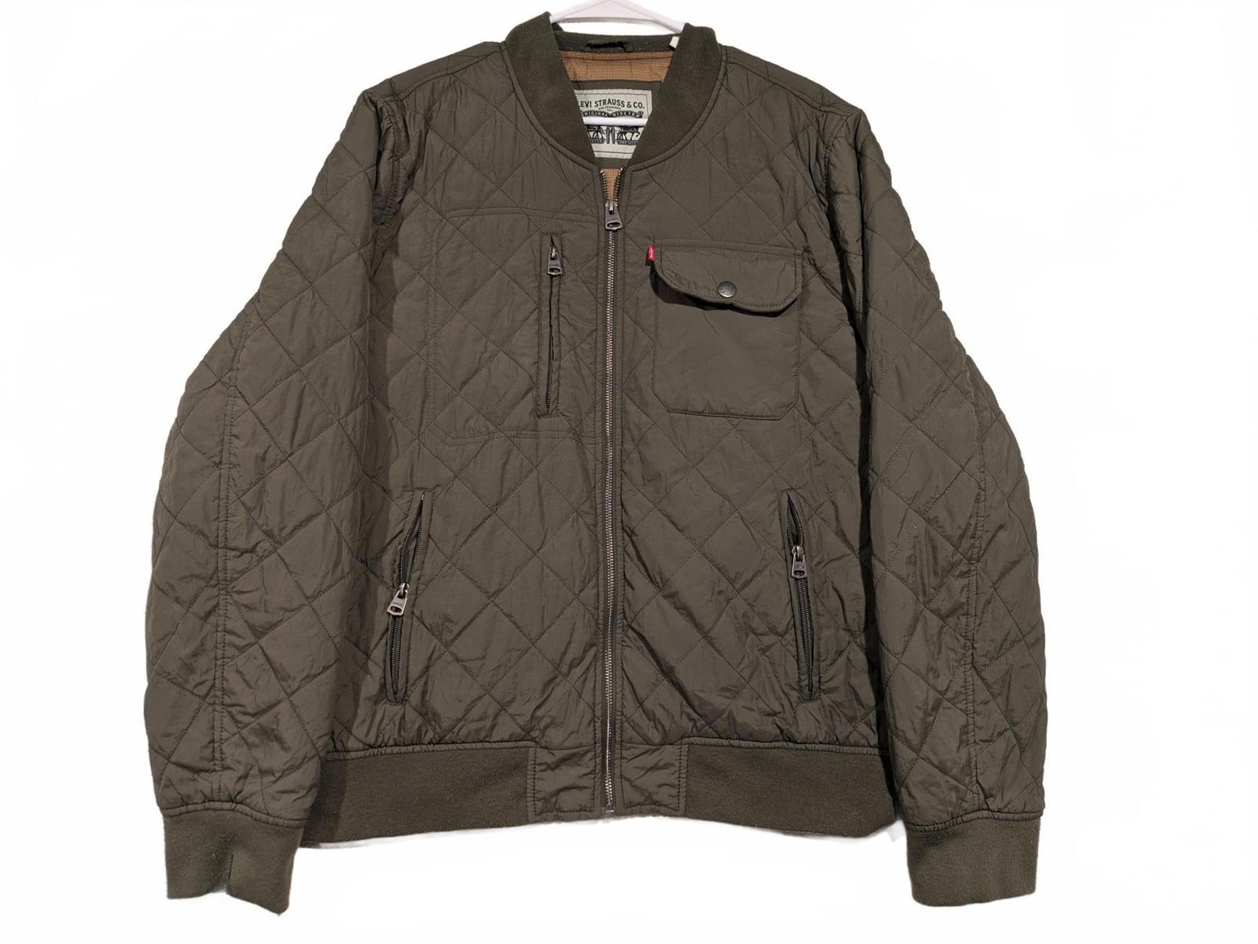 Levi Strauss Quilted Olive Green Bomber Jacket Full Zip Nylon Mens Large 25x27