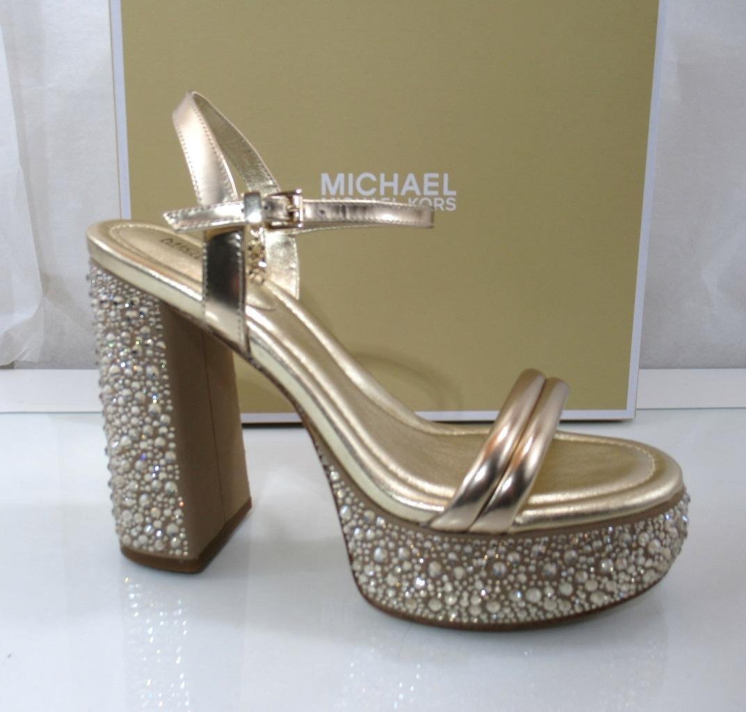 Michael Kors Laci Embellished Metallic Leather Platform Sandal Pale Gold Size 7