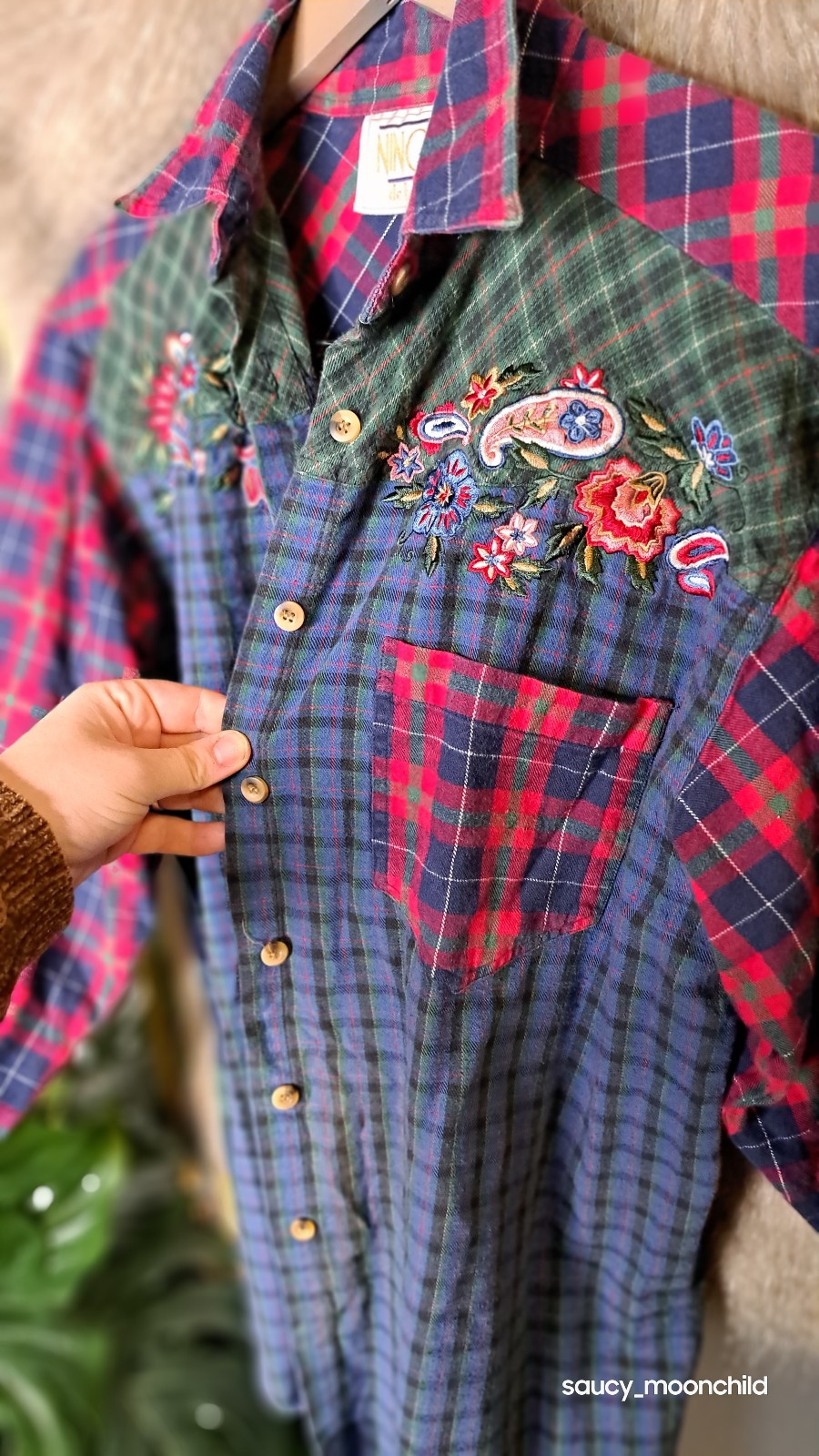 Vintage Ninon Cowgirl Western Fall Winter Flannel Plaid Button Down Large Cotton