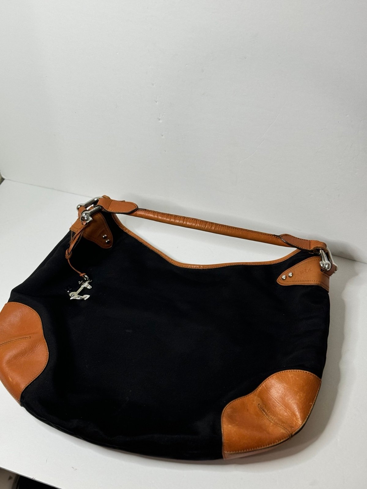 Ralph Lauren Handbag Purse Black Nylon With Leather Large Hobo Bag Nautical