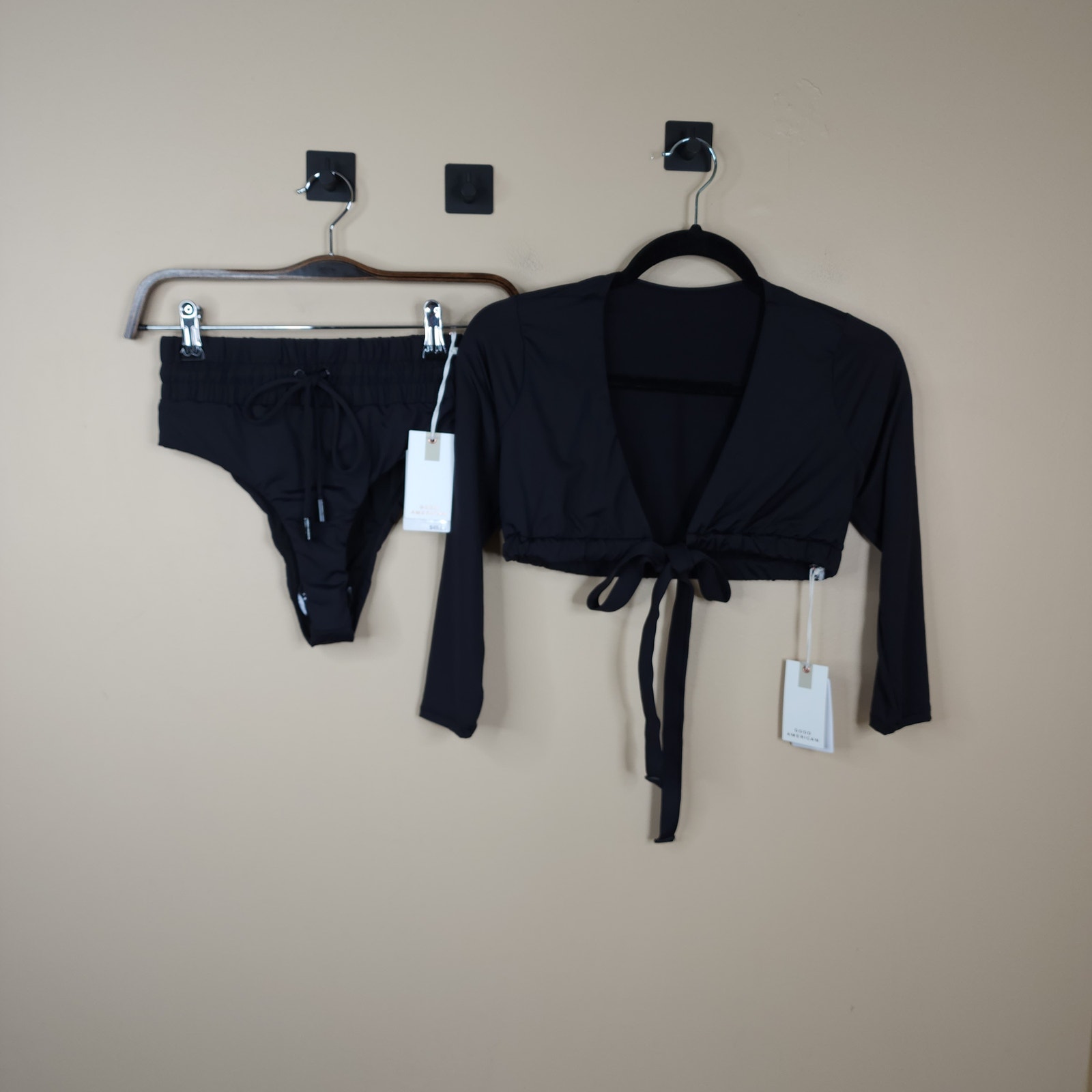 Good American Black Long Sleeve High Waist Boxer Bikini Size 1/S