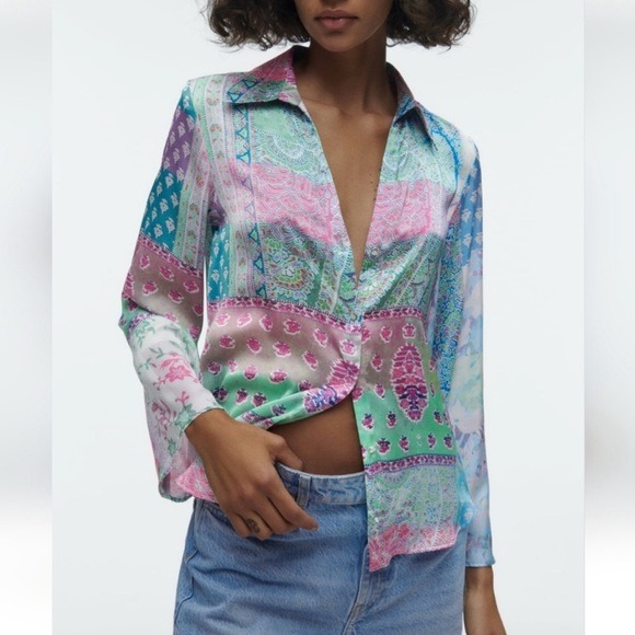 ZARA Pastel Patchwork Print Bell Sleeve Silver Button-Down Satin Shirt Sz Medium