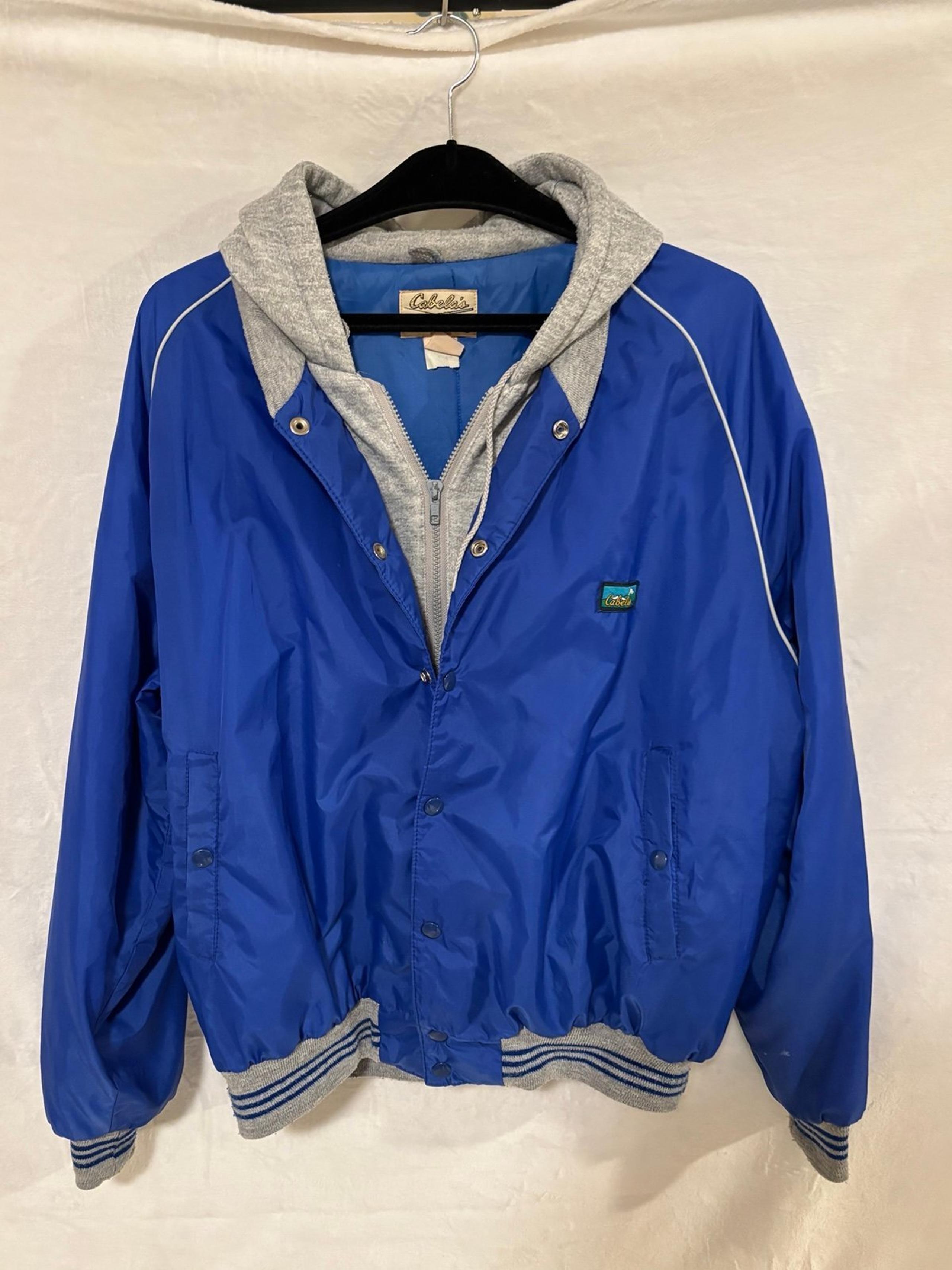 Vintage Cabela’s Blue Nylon Bomber Jacket with Gray Hoodie Liner Men’s XL Made i
