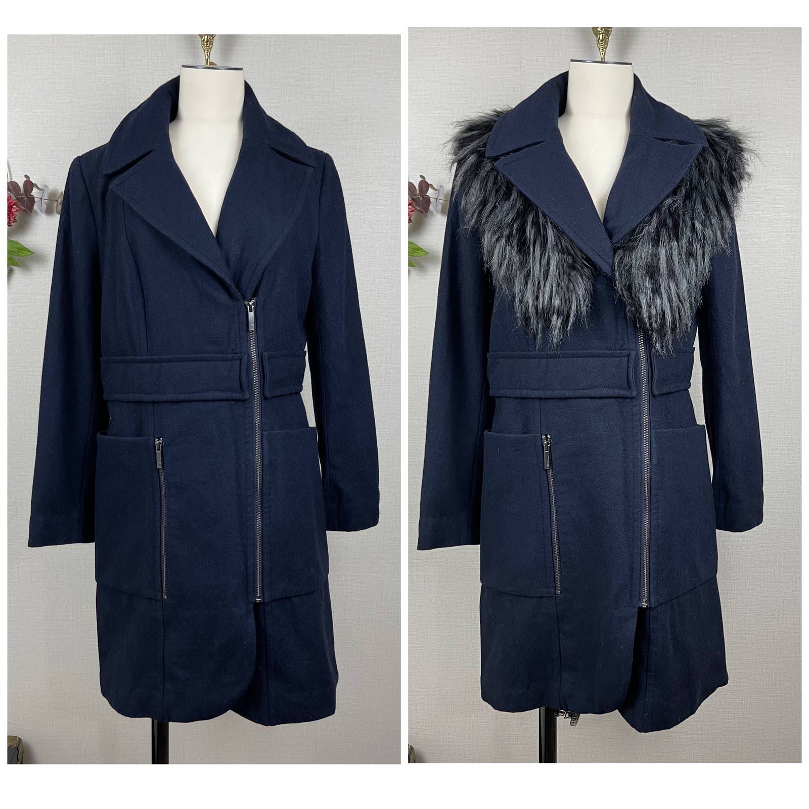 French Connection Navy Wool Blend Coat With Detachable Faux Fur 6