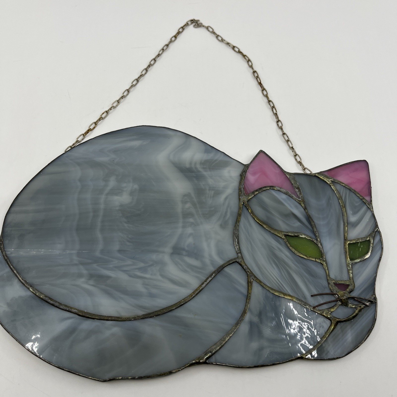 Vtg Cat Stained Slag Glass Window Sun Catcher Handmade 8 X 5.5 Gray Tabby