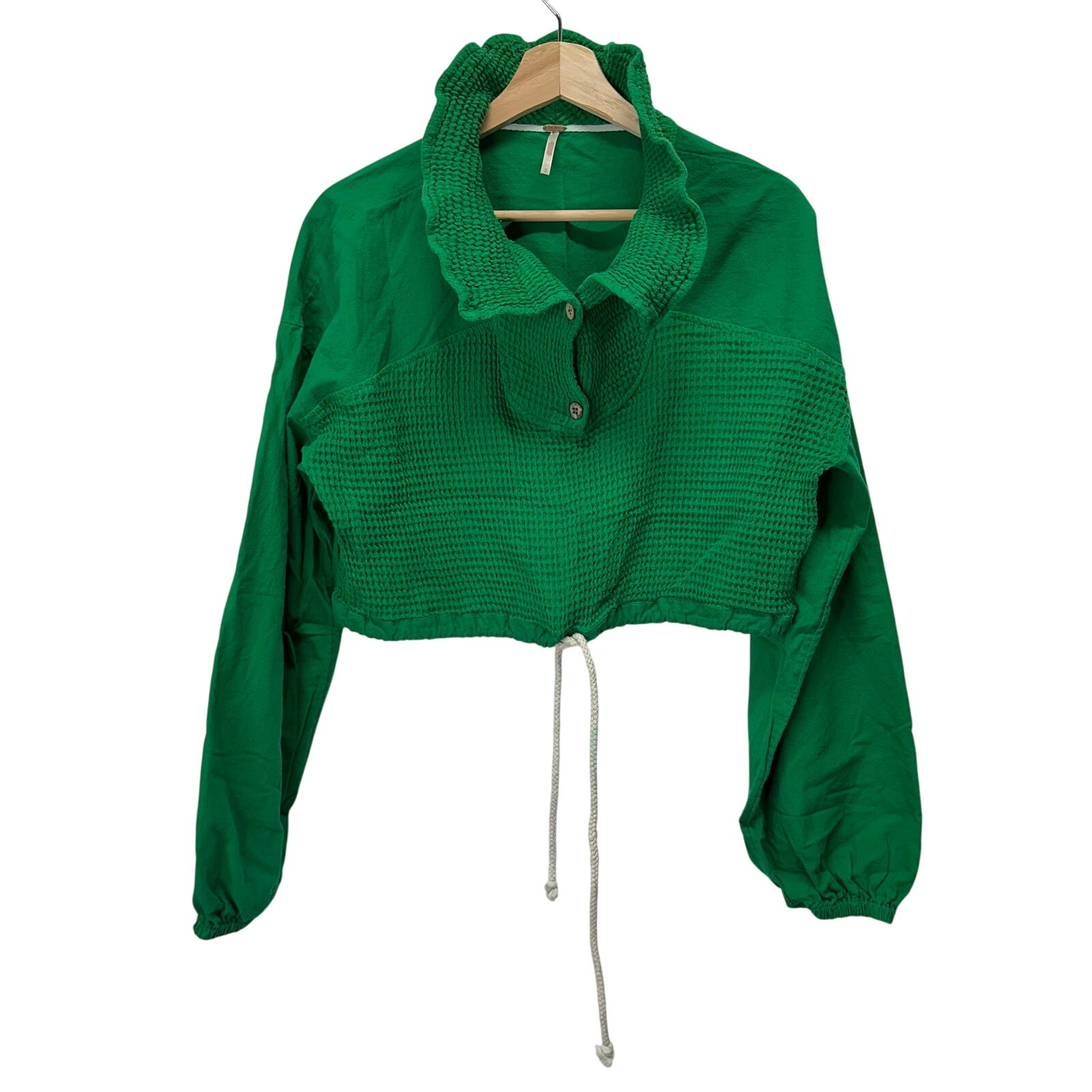 Free People Green Cropped Waffle Knit Quarter Button Sweatshirt Womens Medium