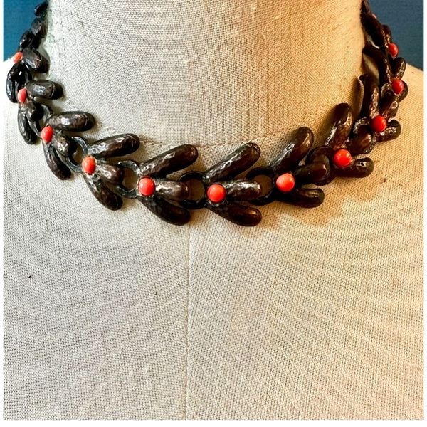 Vintage Rebajes Heavy Mid-Century Modern Copper orange beaded Choker Necklace