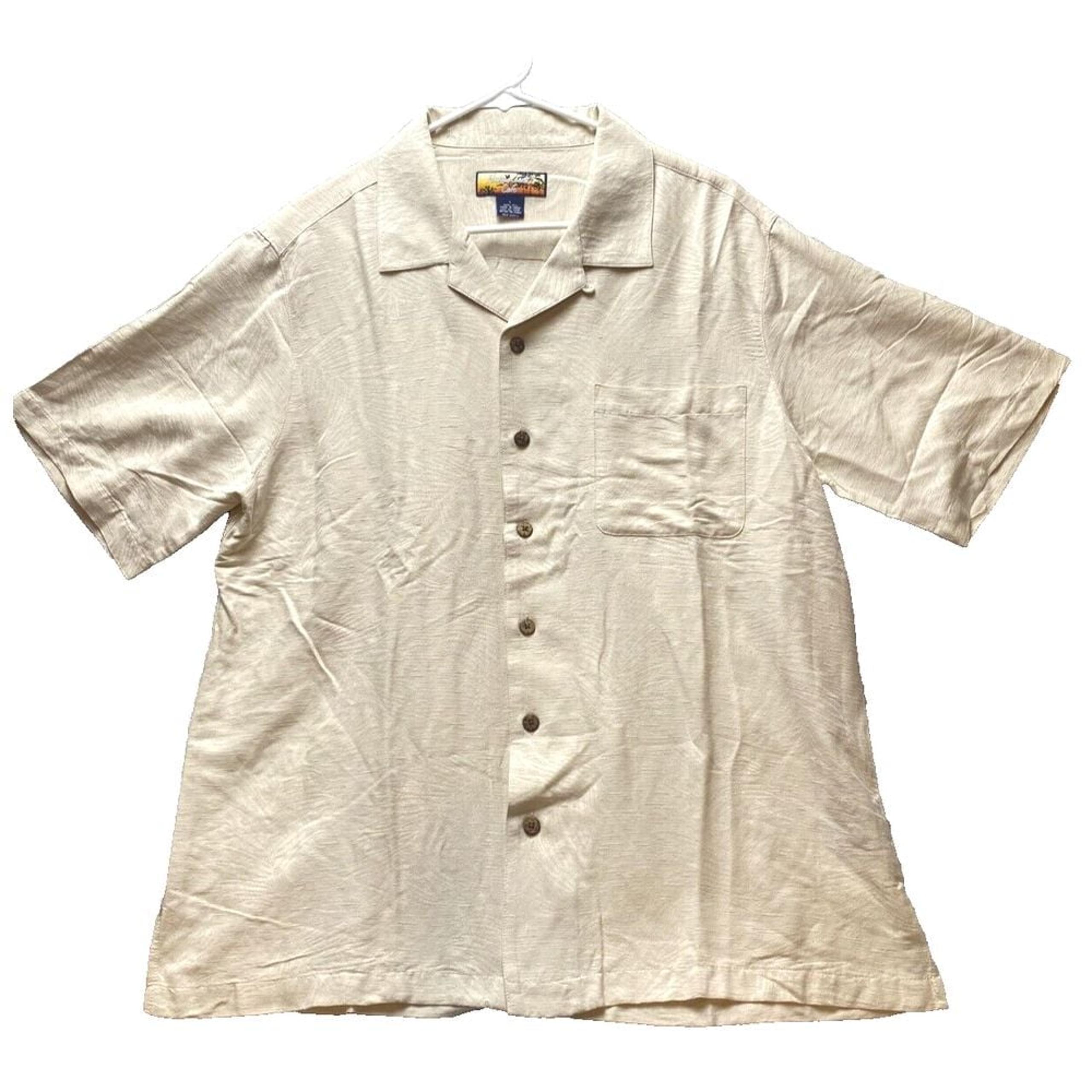 Havana Jacks Cafe Shirt Adult Large Taupe Silk Button Up Camp Hawaiian Mens