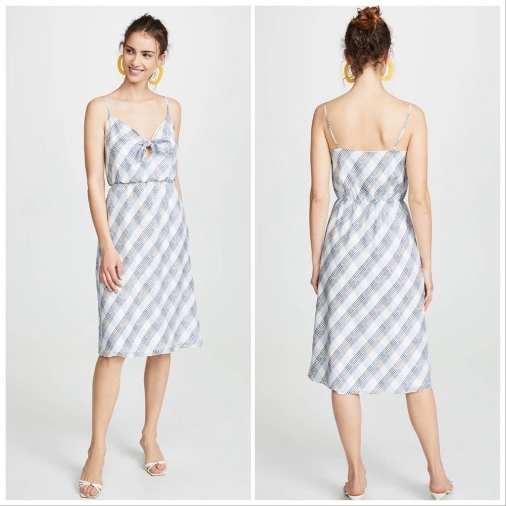 Joie Plaid White & Blue Abiah 100% Silk Midi Dress Size Medium