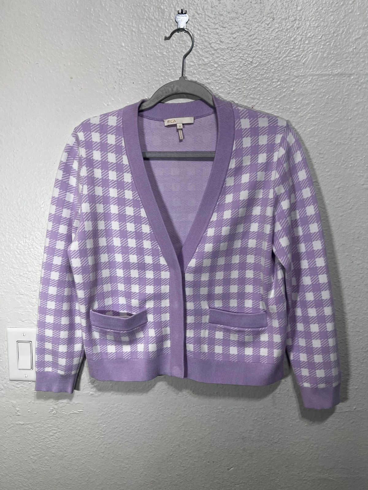 Maje Mystyle Check Gingham Plaid Short Crop Cardigan 3 Large ASO Purple Parma