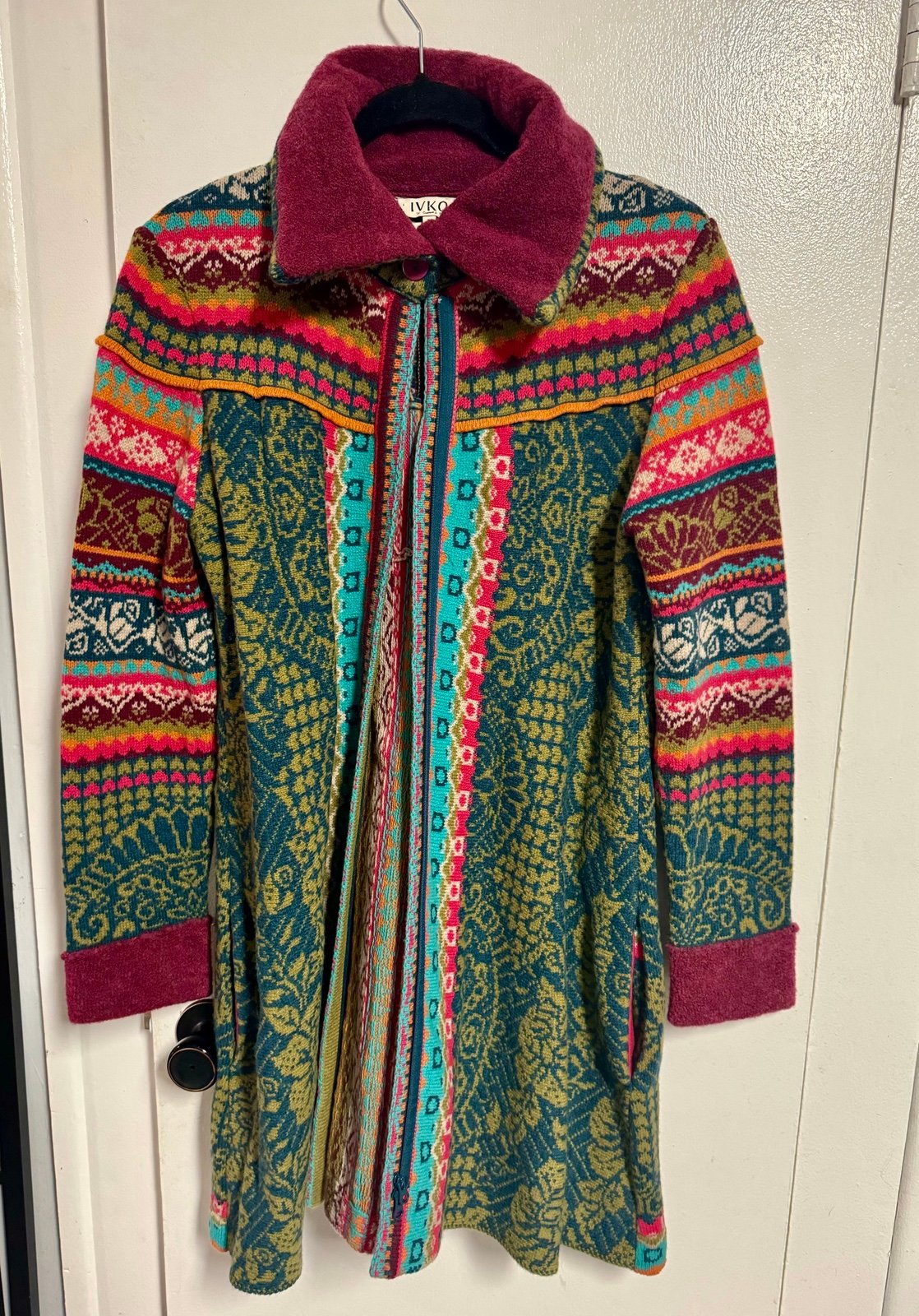 IVKO Multicolor Floral Knit Button Coat Long Cardigan Collared Sz 38 S/M Zip