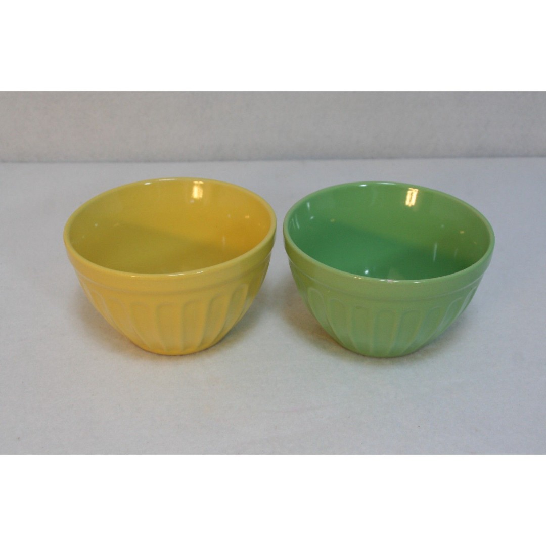 Pier 1 Imports Stoneware Ribbed Lime Green Lemon Yellow Cereal Ice Cream Bowls