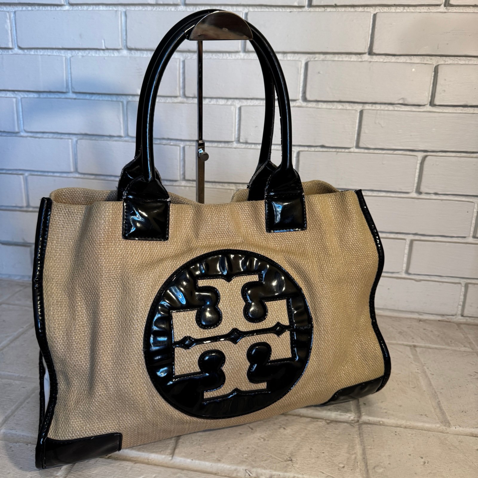TORY BURCH XL Weekender Canvas Leather Trim Tote ELLA Bag Beige Natural & Black