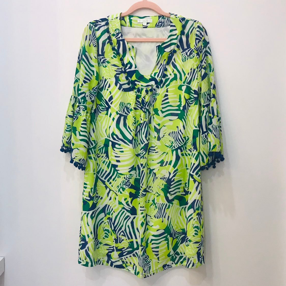 Jade Melody Tam blue green palm tree tunic dress cover up sz small.