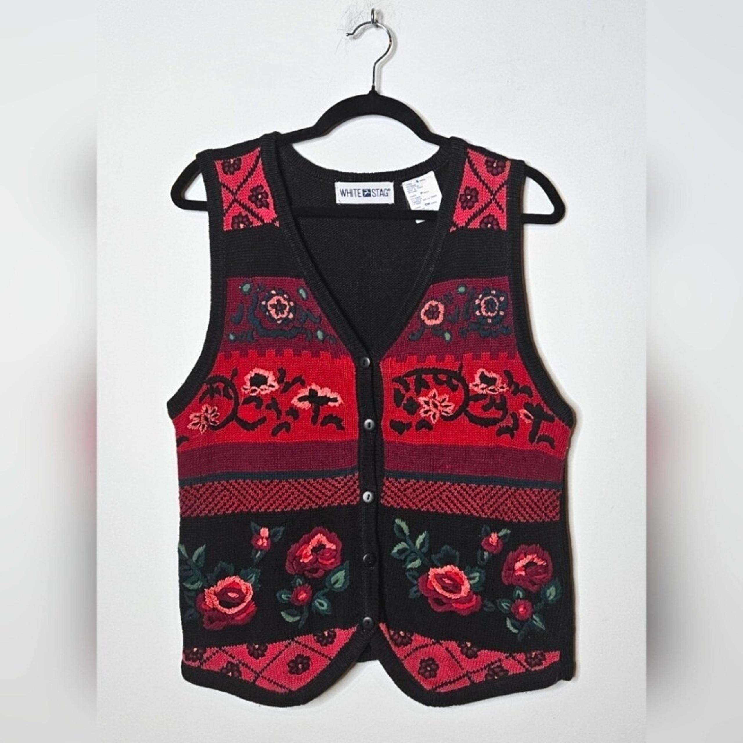 White Stag Vintage Knit Embroidered Black Red Floral Vest Grandma-core Size SP