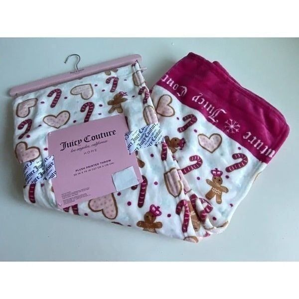 Juicy Couture Gingerbread Man Heart Candy Cane Plush Throw Blanket Pink NEW