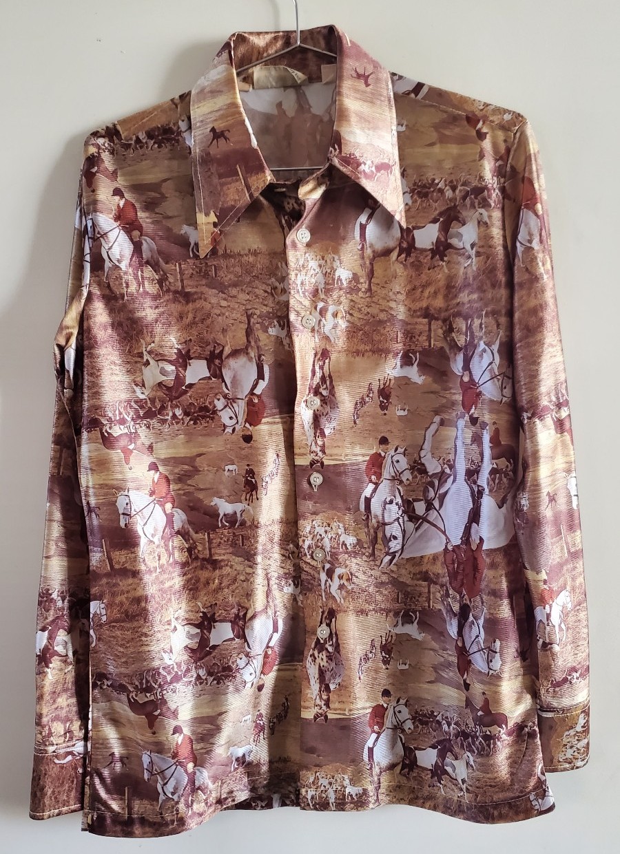 VTG GIANCARLO POLYESTER LONG SLEEVE AMAZING PRINT 1970’S RETRO SHIRT MEDIUM