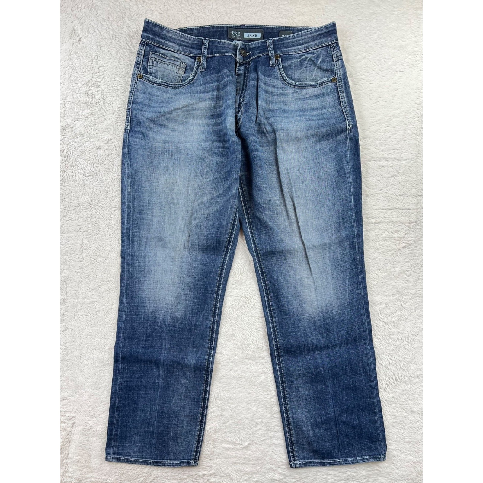 BKE Jake Bootleg Jeans Men's 34 Blue 34x30 Whiskered Bootcut Stretch Work 34S