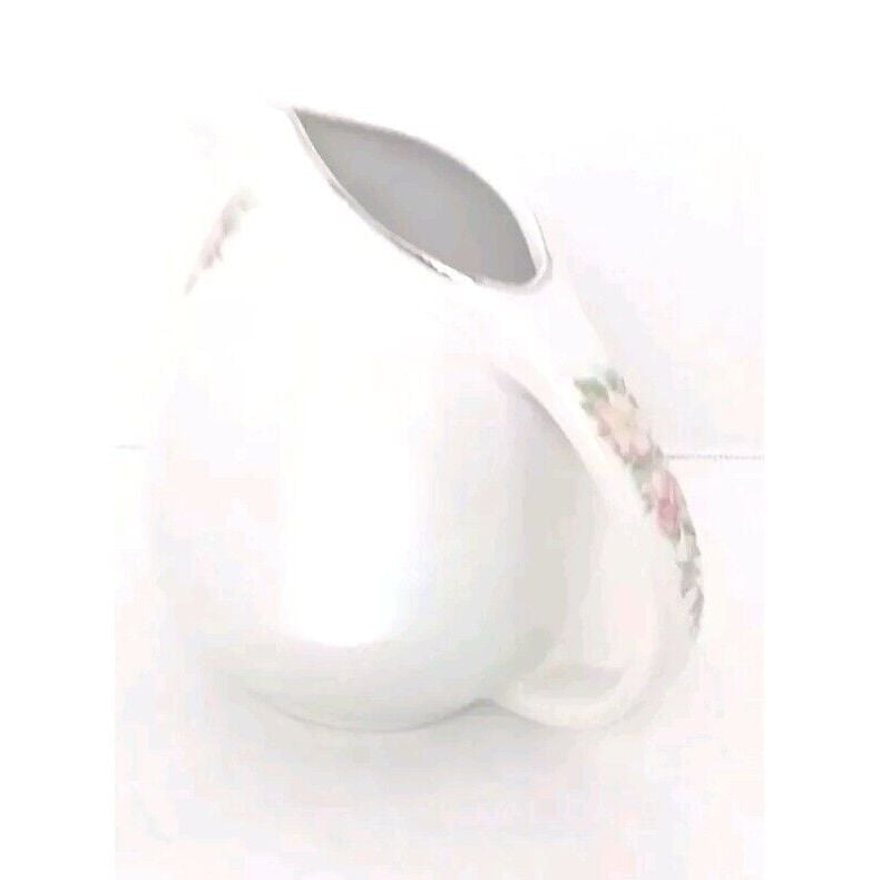 Floral Creamer Pitcher White Porcelain Rose Accent Silver Trim Decor