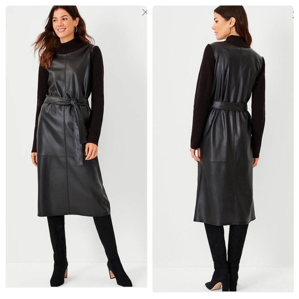 Ann Taylor Black Faux Leather Mixed Media Long Sleeve Sweater Dress Size Medium