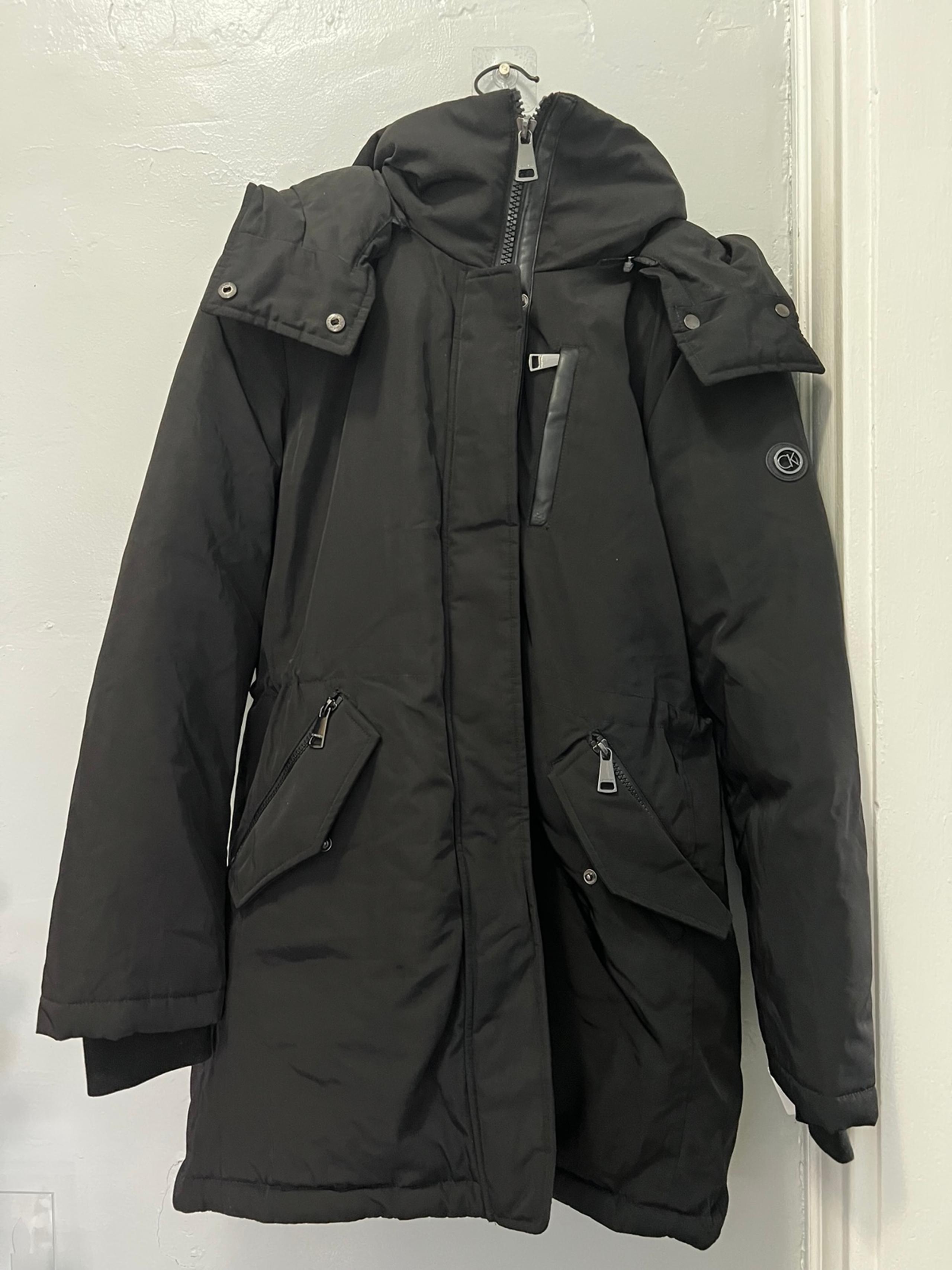 calvin klein duck down jacket women's s black full zip coat removable hood layer