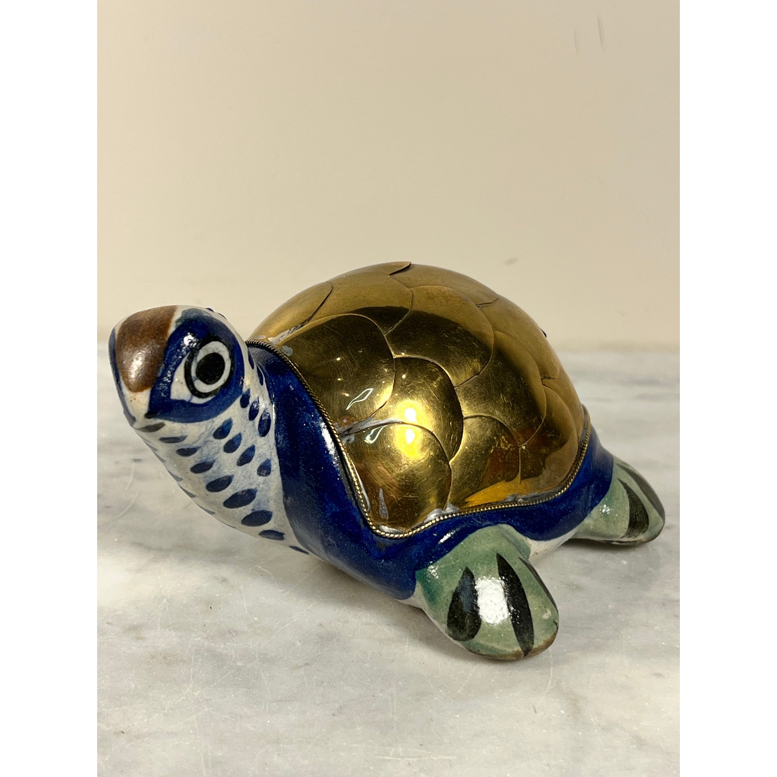 Vintage Tonala Mexican Pottery Turtle with Brass Copper Shell Mexico