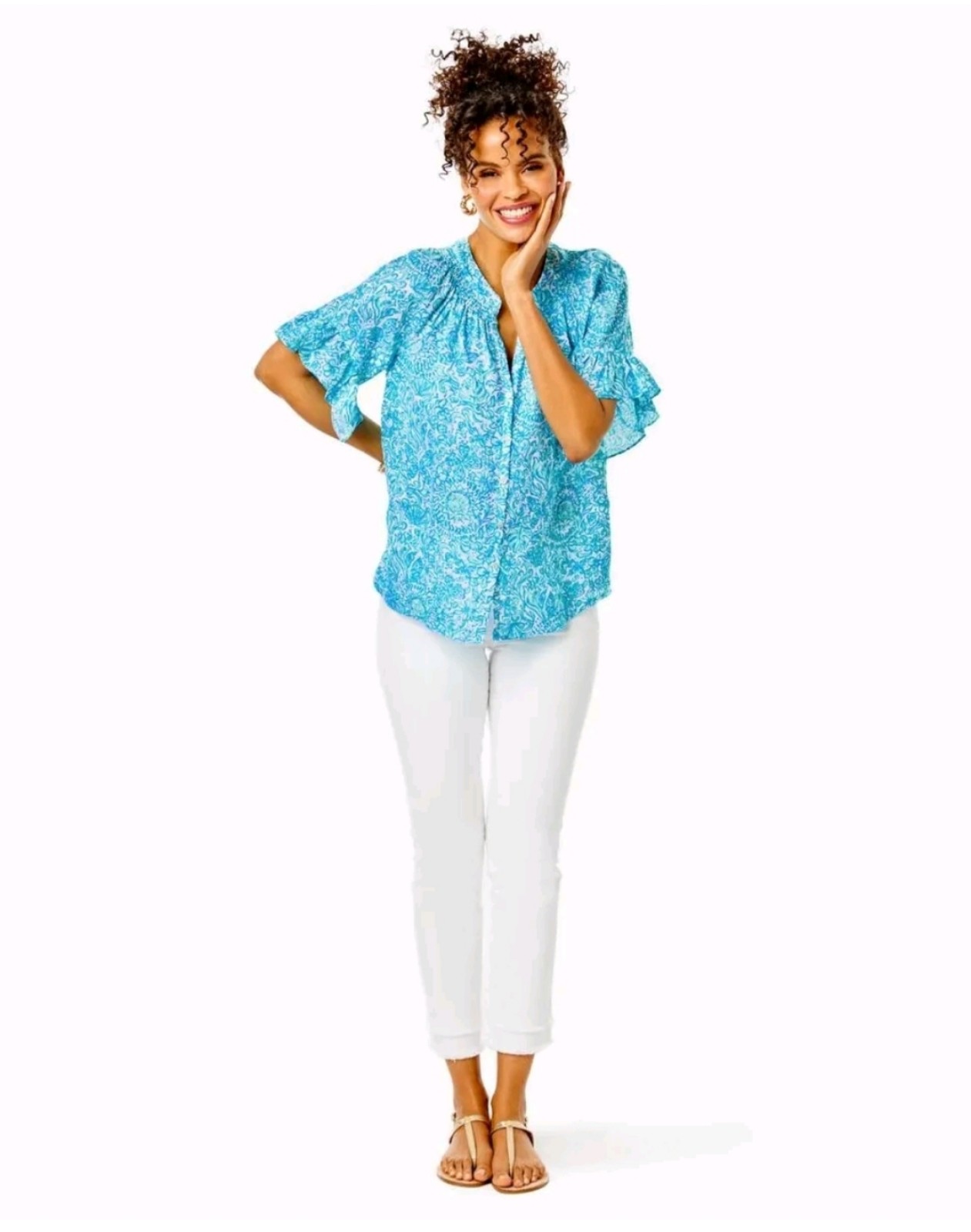 Lilly Pulitzer 118 Tayla Short Sleeve Linen Top Blouse Took me by Sunrise S