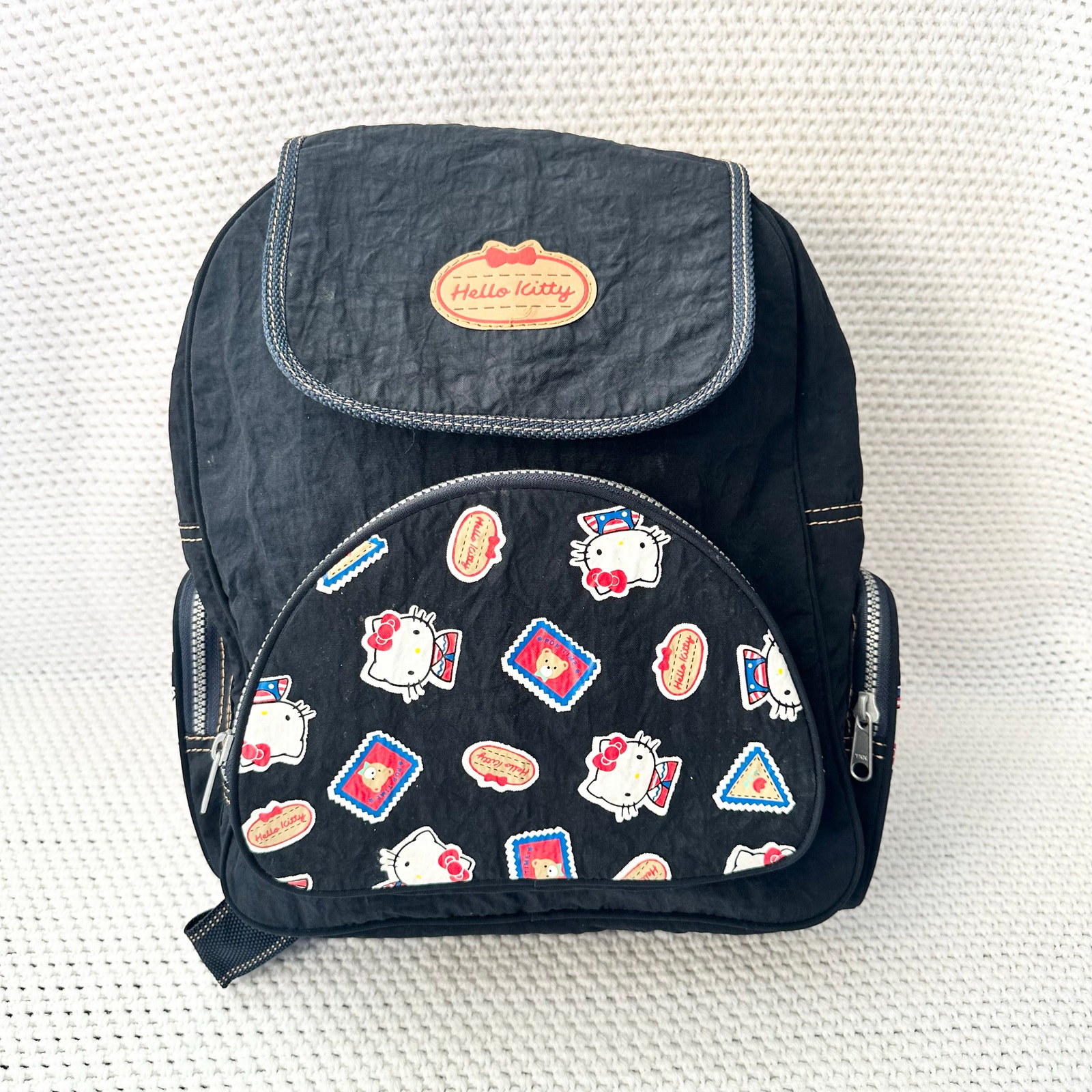 Sanrio Hello Kitty 1997 Blue Denim Nylon Tan Stitching Stamp Backpack Vintage