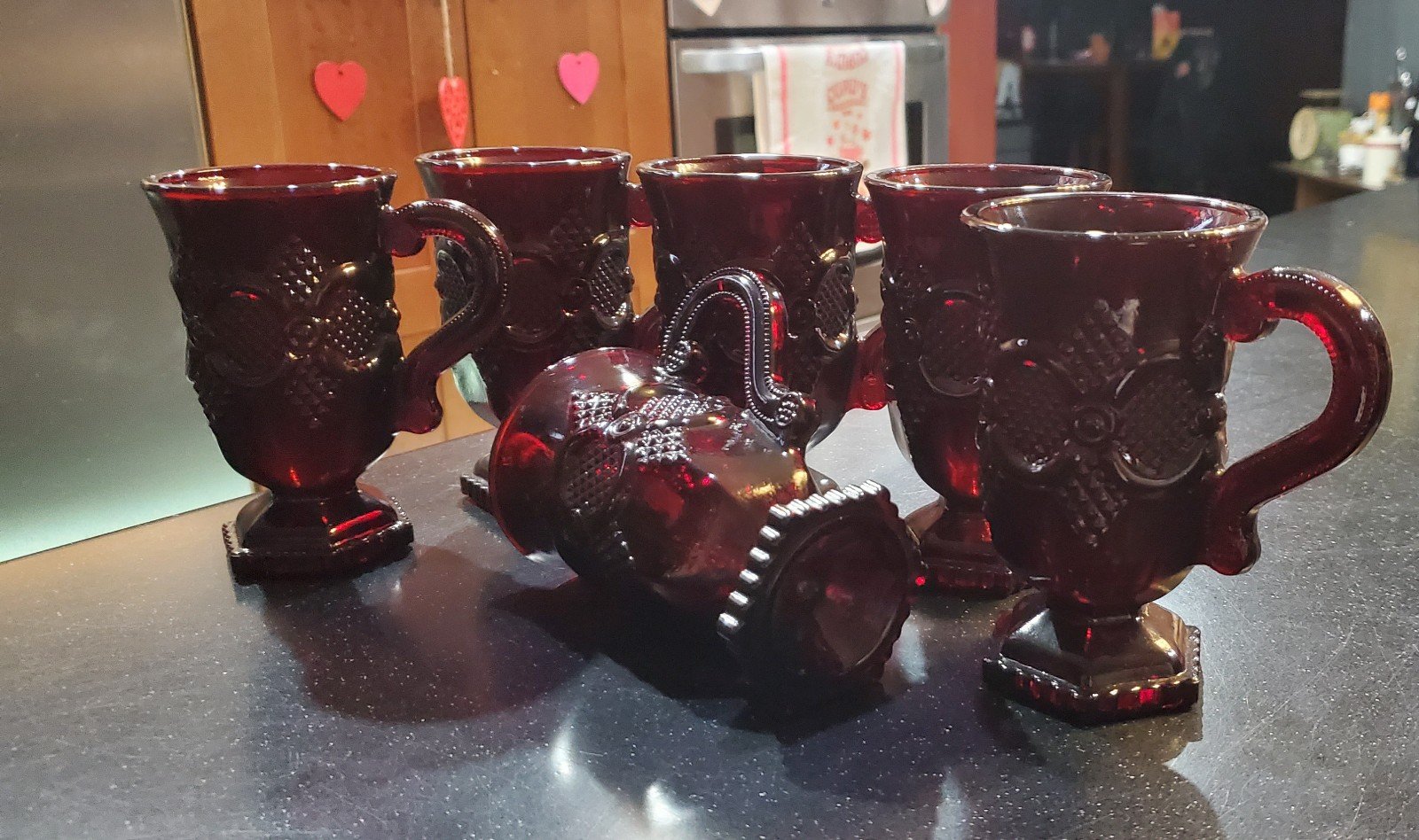 Set of 6 Ruby Red Vintage Glass Footed 6.5oz Mugs in the Cape Cod Pattern