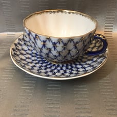 Vtg Imperial Lomonosov Cobalt Net 24k Gold Flute Cup & Saucer Porcelain Russia