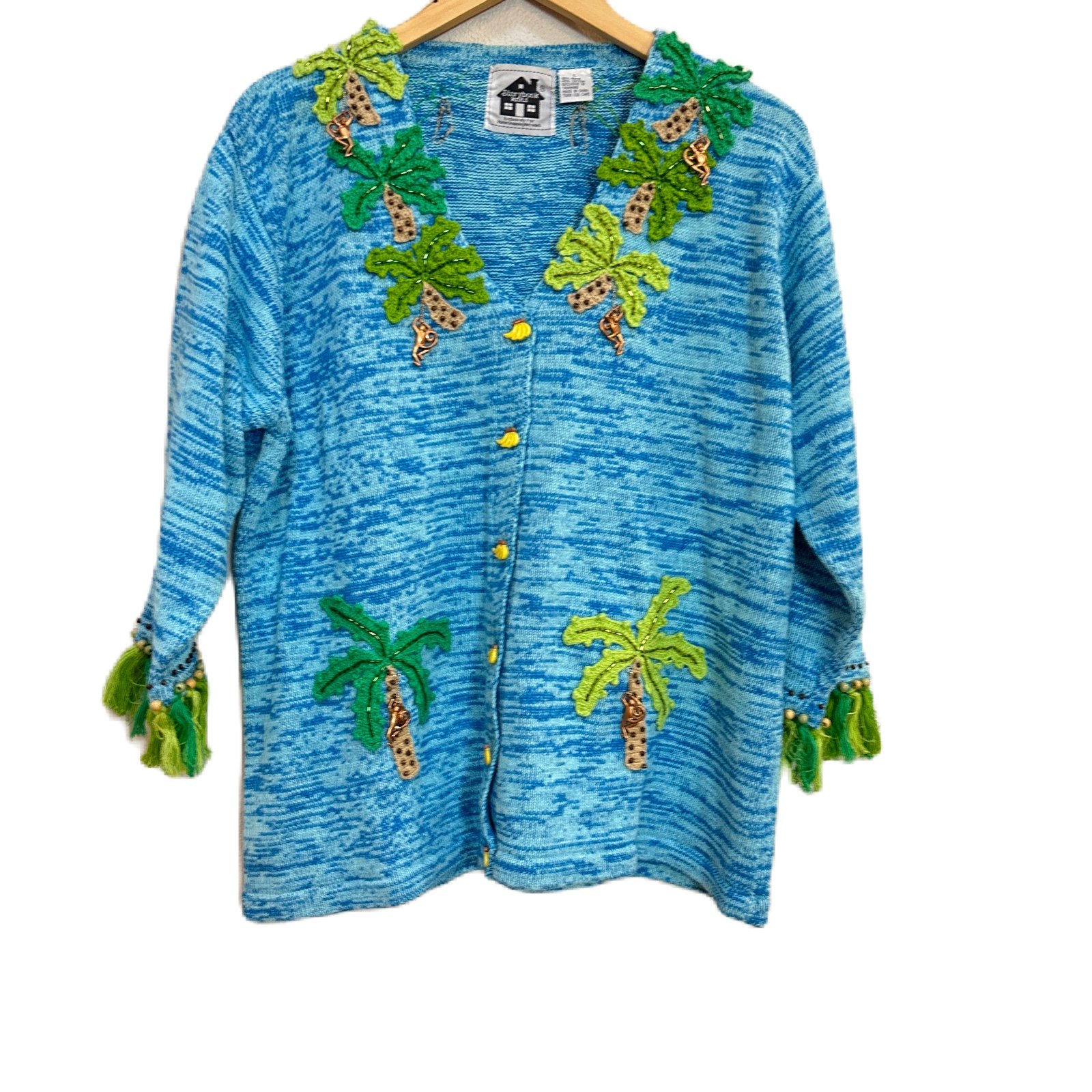 VTG Storybook Knits Sweater Monkey Palm Tree Blue Knit Cardigan Women’s Large