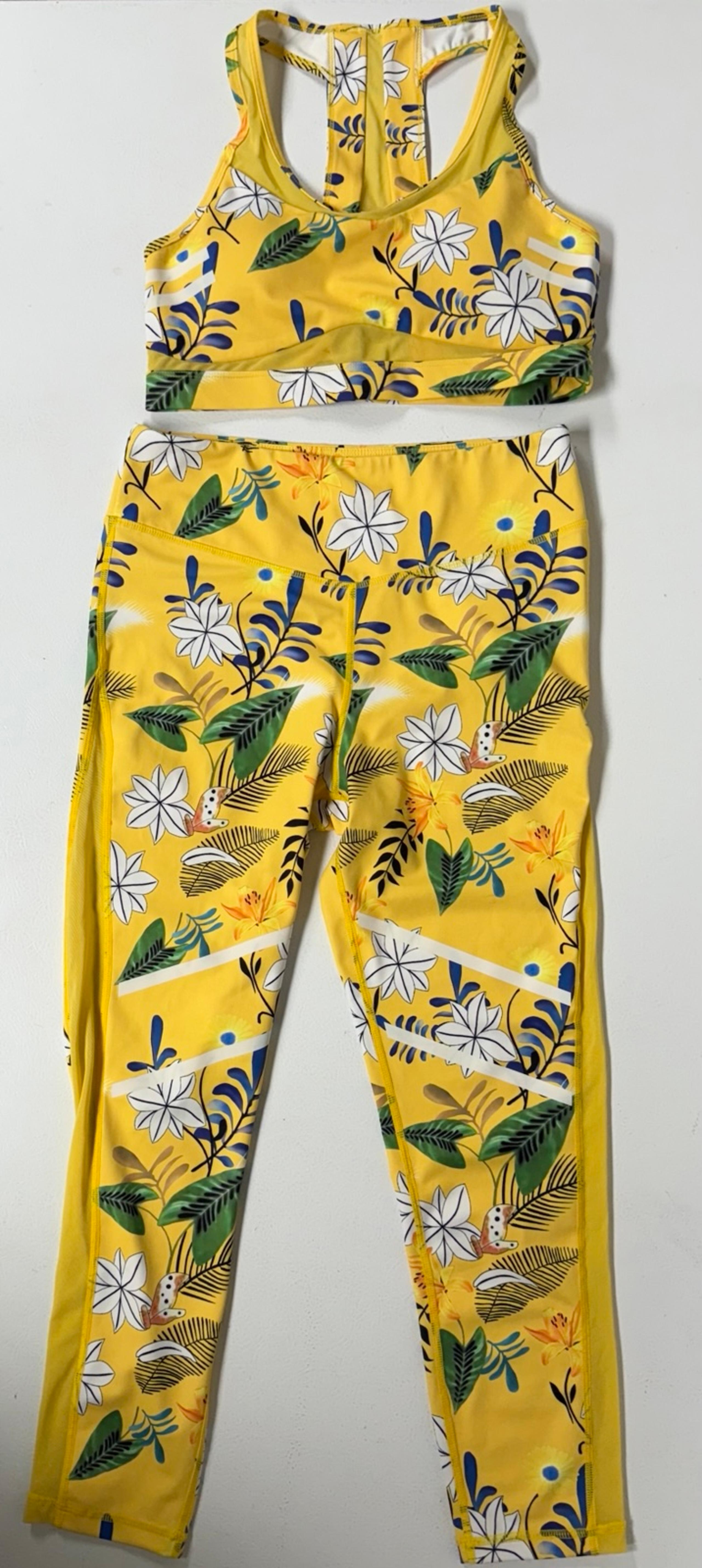 Zyia Active High Rise Floral Yellow Print Leggings Women 12 - Sports Bra Large