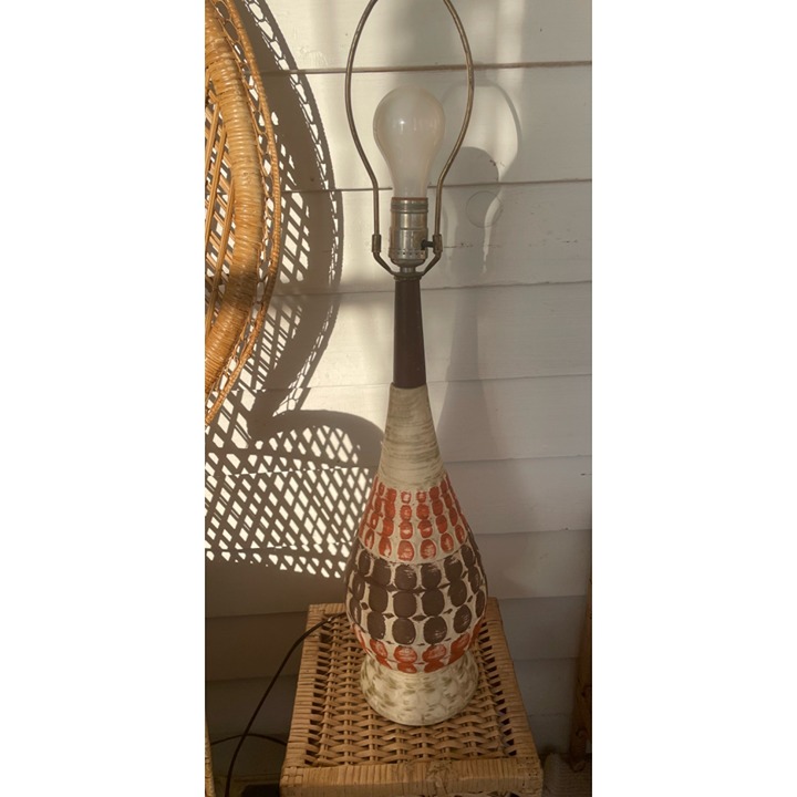 Vintage MCM Danish Wood Pottery Table Lamp Orange/Brown Abstract Dots