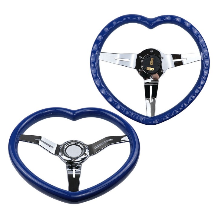 BRAND NEW 340MM Universal Heart Shaped Blue ABS Steering Wheel Chrome Spoke